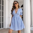 thumbnail image 4 of Vestido a cuadros Cuello en V profundo Manga corta abullonada Una línea Vestido casual de moda para mujer Cuadros azules S, 4 of 8