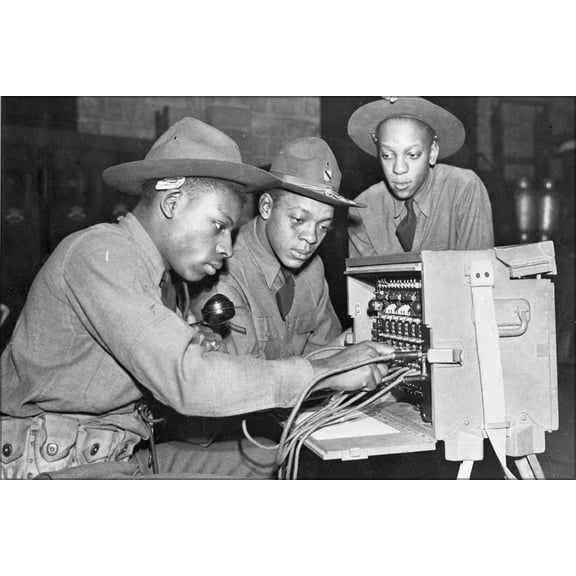 24"x36" Gallery Poster, 3 men working on a portable phone switchboard