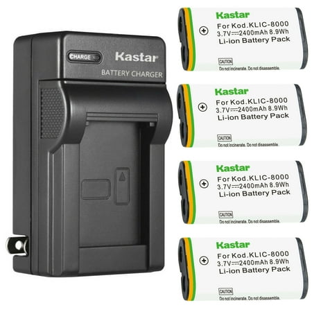 Kastar 4-Pack KLIC-8000 Battery and AC Wall Charger Replacement for Kodak Pocket Video Camera PlaySport ZX1 Pocket Video Camera ZXD Z885 Z1012 IS Z1015 IS Z1085 IS Z1485 IS Z8612 IS Camera