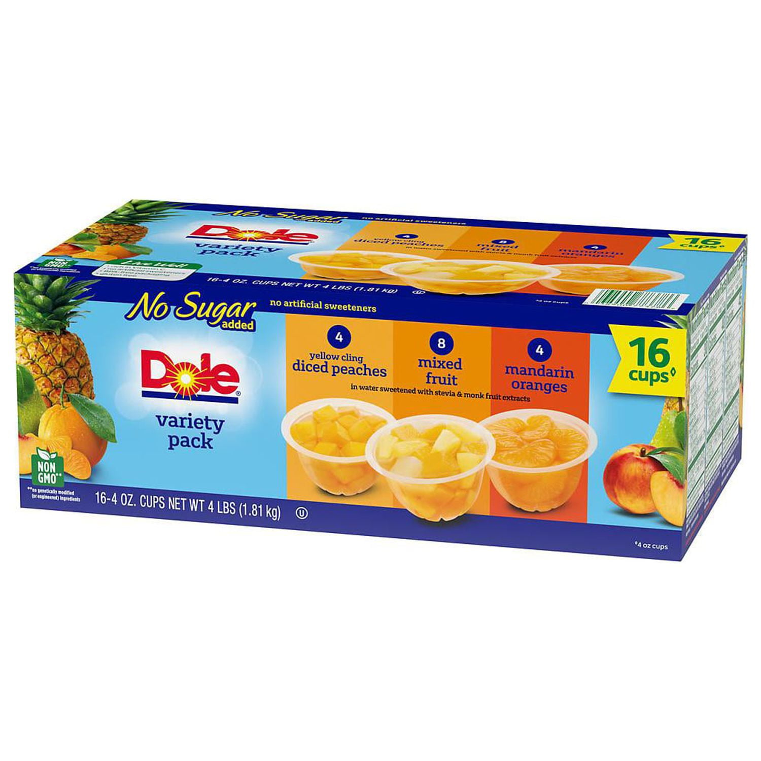 Fruit Bowls Diced Peaches, Mixed Fruit, Mandarin Oranges No Sugar Added Variety Pack 16ct 4oz Beerpack SKU 77378