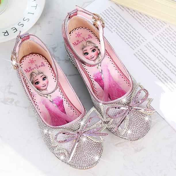 Disney primavera nueva niña zapatos de princesa de tacón alto de cristal niña frozen elsa princesa zapatos de cuero para niños shoes24-Insole 16,5 CM Gao Jinjia LED