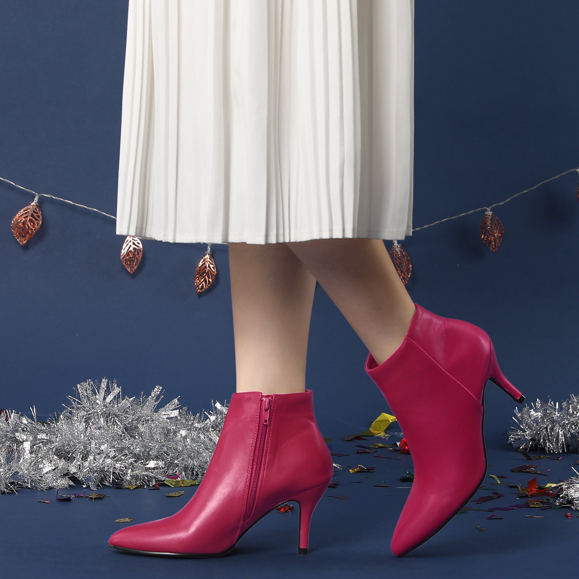 Unique Bargains Women's Side Zipper Pointed Toe Stiletto Heel Ankle Boots Hot Pink 9