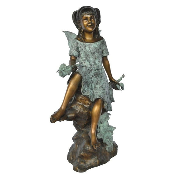 Nifao Angel girl sitting with a rose bronze statue – Home Office Decor Sculpture, 22"L x 27"W x 37"H
