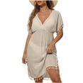 thumbnail image 2 of Gamivast Swim Cover up Dress for Women Tassel Trim Kaftan Dress Flowy V Neck Short Sleeve Modest Coverage Beachwear Resort Wear Vacation Cruise Poolside Beach to Boardwalk, 2 of 6