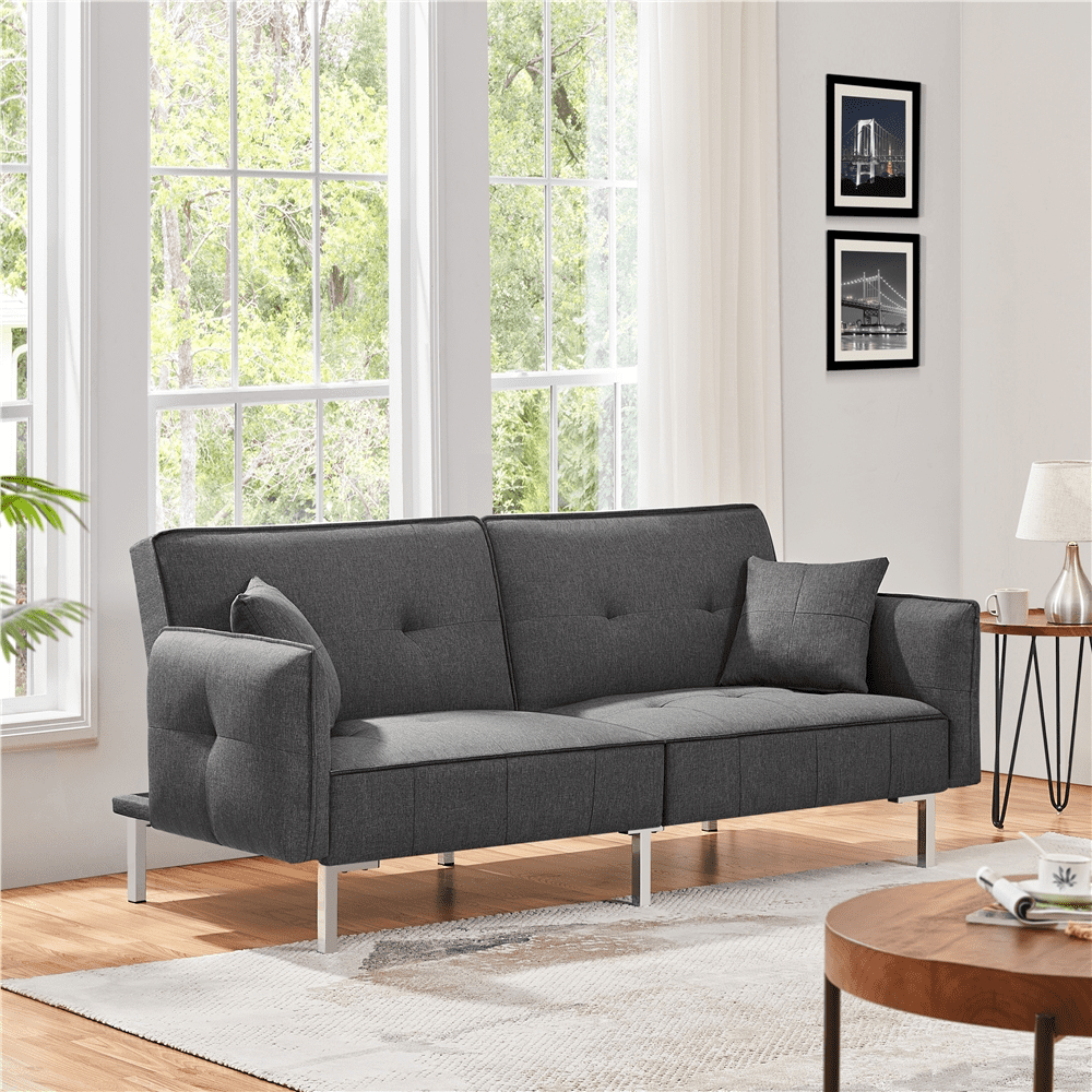 Alden Design Fabric Covered Futon Sofa Bed with Adjustable Backrest, Dark Gray