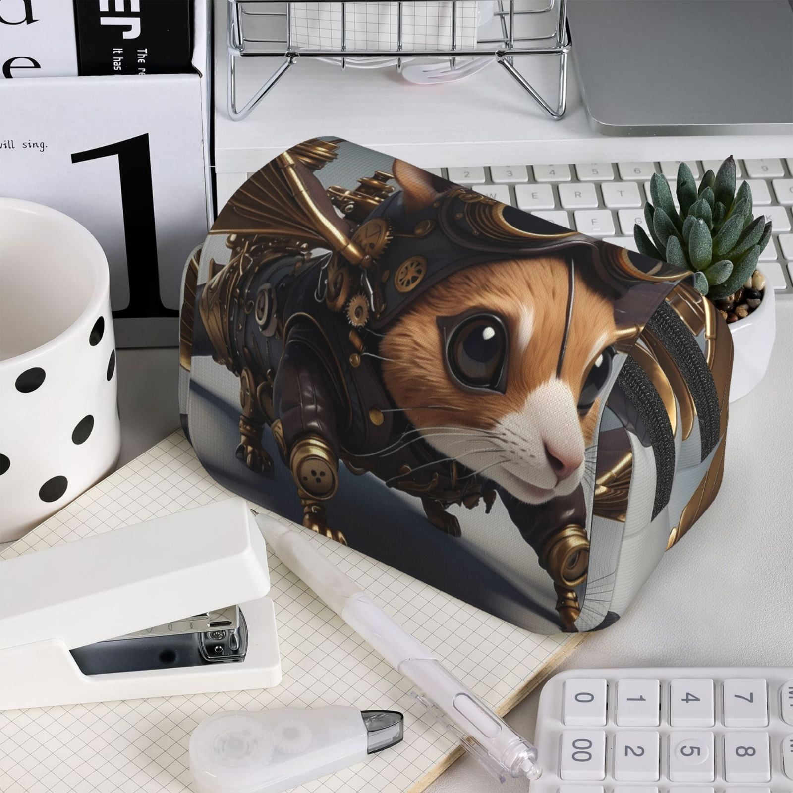Rateoe Steampunk Squirrel Pilot Pattern Double Clamshell Pen Case, Storage Organizer with Two Zipper Compartments– Holds Up to 50 Pencils & Pens