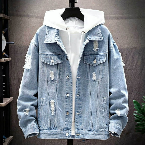 Mens Jean Jacket Casual Slim Fit Ripped Trucker Cowboy Coat Button Down Denim Coat (Light Blue XXL)