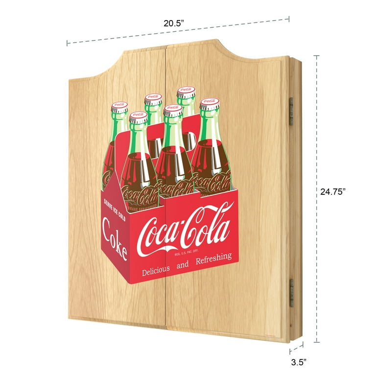 Coca-Cola 6 Pack Dart Board Cabinet Set with 6 Steel Tip Darts