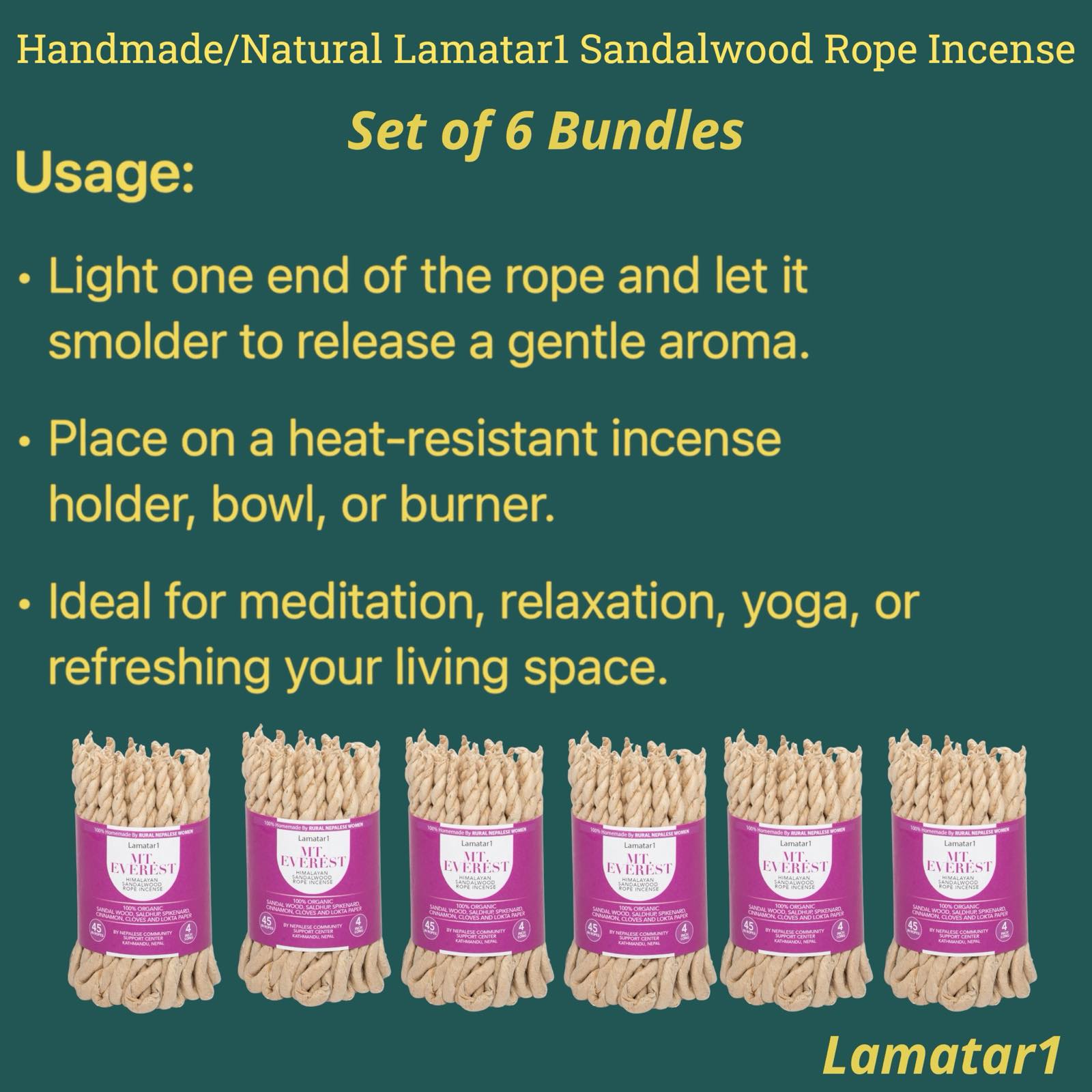 Natural Sandalwood Rope Incense Set of 6 Bundles, 4 Inches Long, 45 Ropes per Bundle Handmade in Nepal