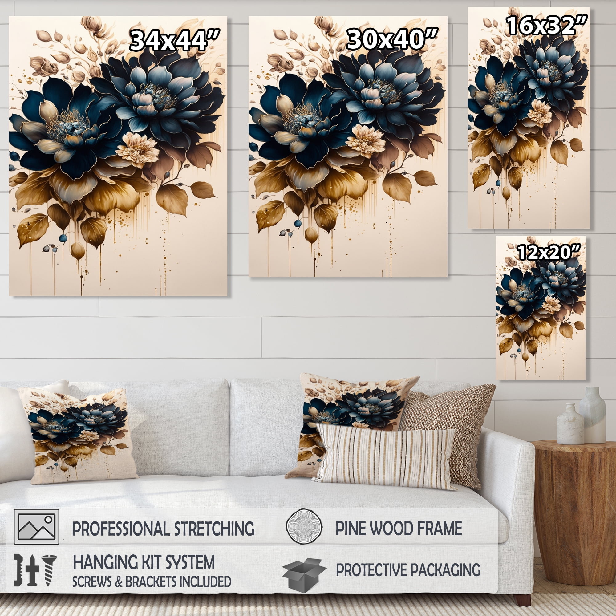 Designart Blue And Gold Dahlia Bunch II Canvas Wall Art