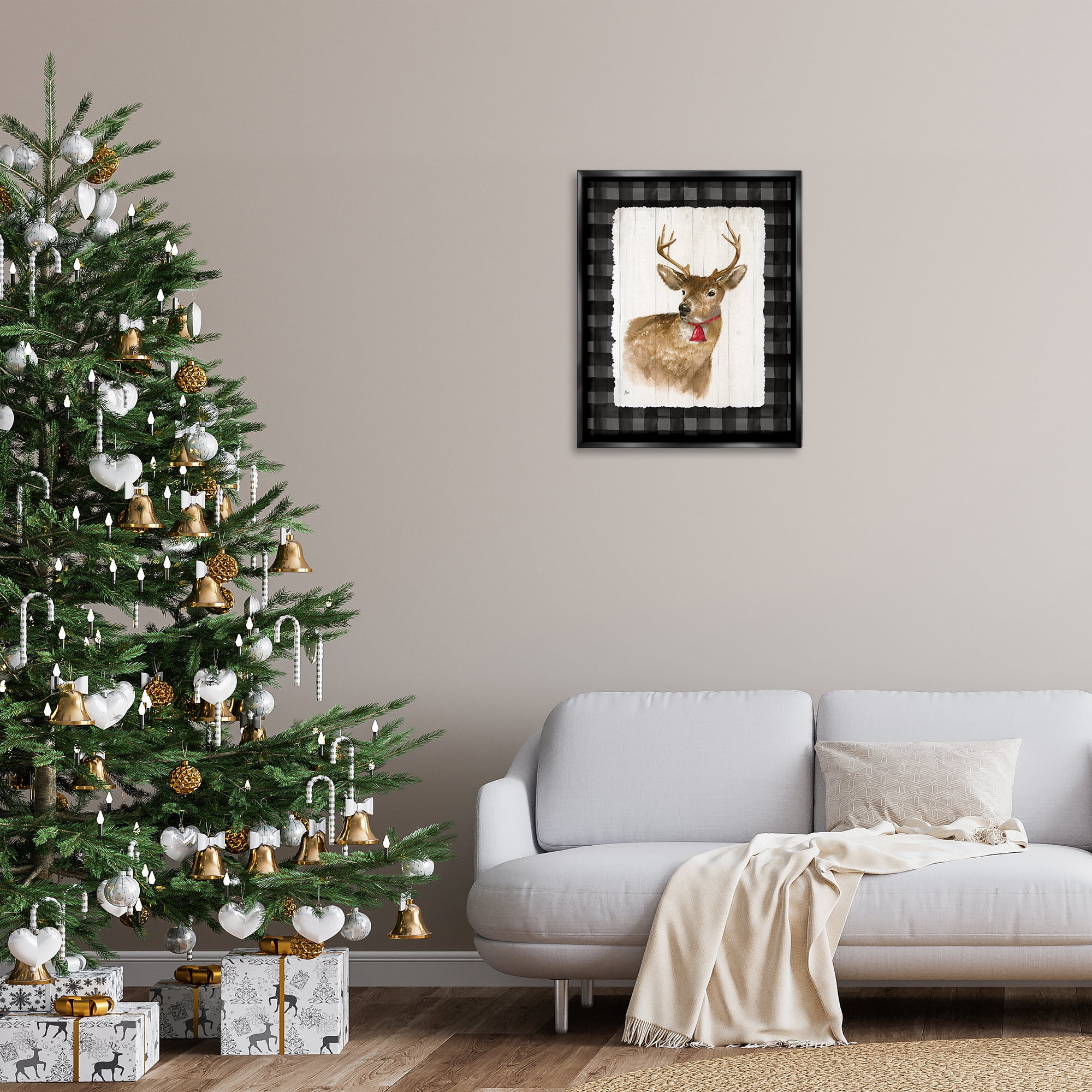 Stupell Industries Deer with Red Bell Animals & Insects Painting Black Floater Framed Canvas Art Prints Wall Art, 25 x 31