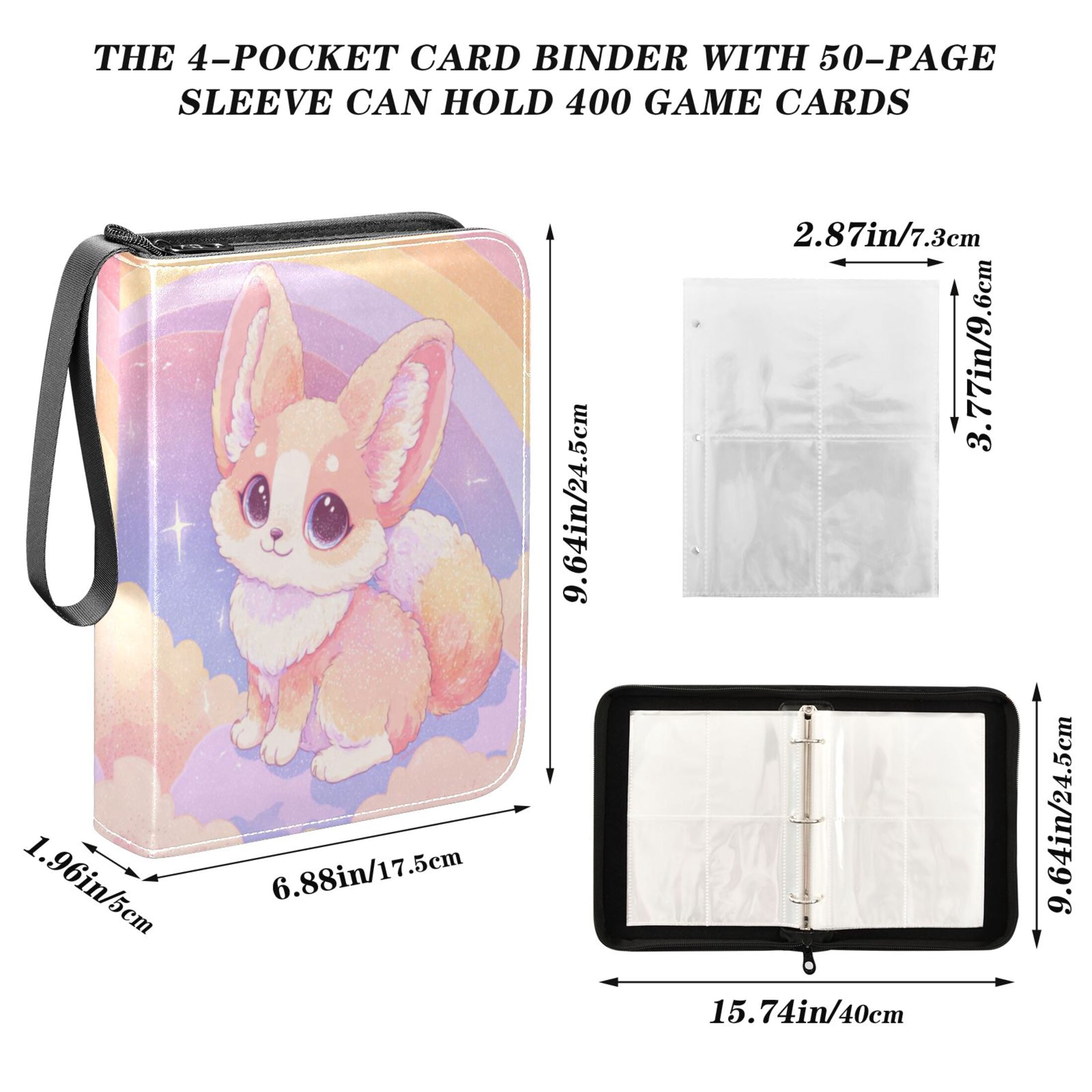 4 Pocket Trading Card Binder, 50 Pages Sleeves Holds 400 Cards, Card Collection Album Holder for Game Cards, Sports Cards, TCG Storage Dreamy Cloud Fox Illustration