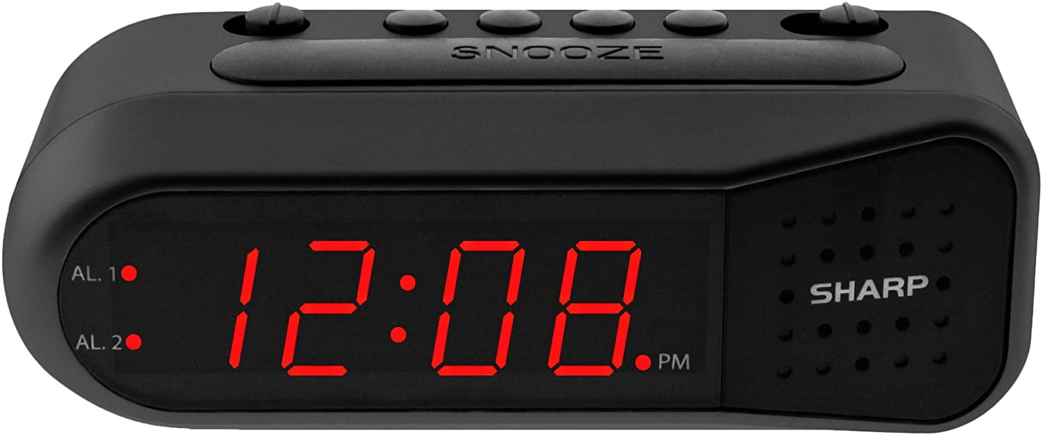 Sharp Digital Alarm Clock Black Case Red Display Ascending Alarm