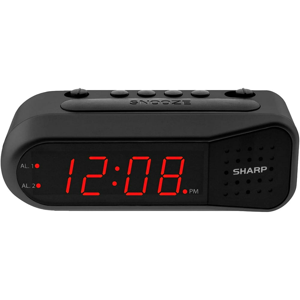 Sharp Digital Alarm Clock Black Case with Red LEDs Ascending Alarm