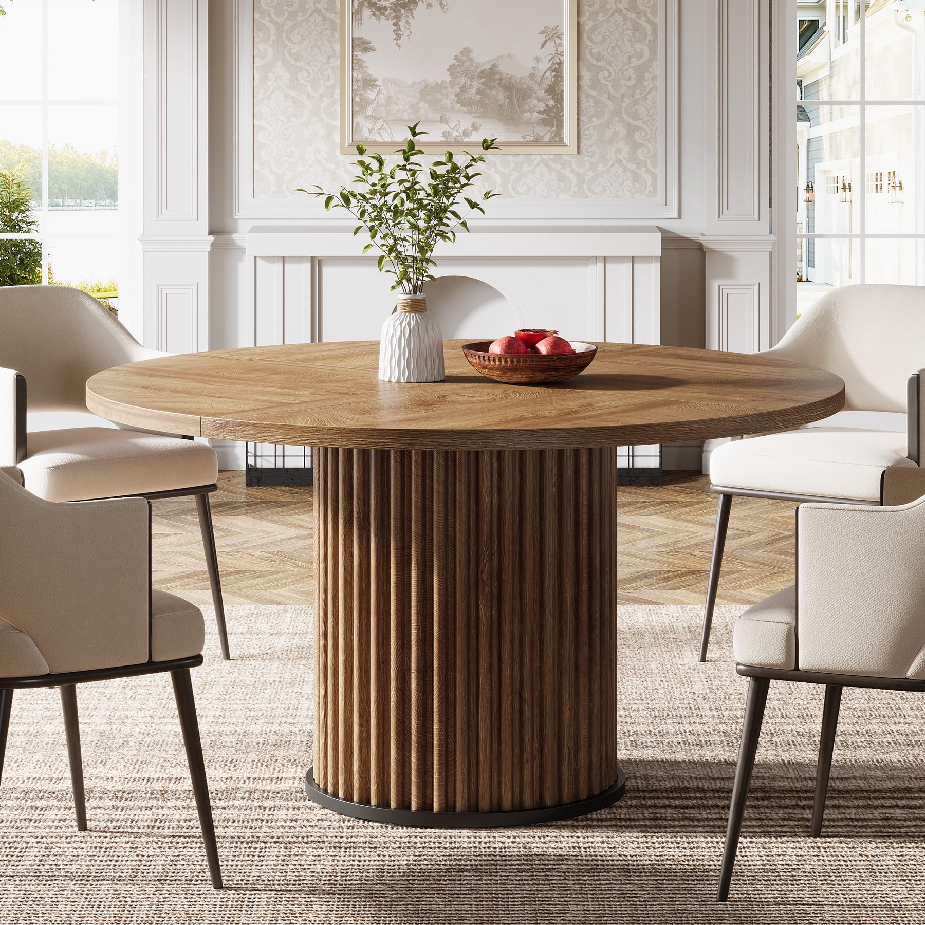 Tribesigns Wood Round Dining Table for 4-6 People, 47.24-Inch Circle Wood Kitchen Table with Sturdy Fluted Metal Base, Modern Dining Room Furniture