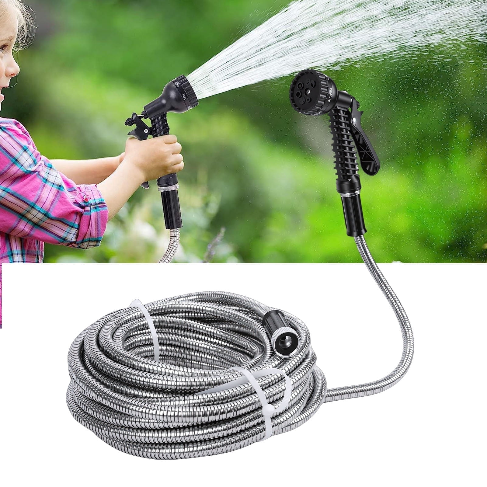 75 FT Garden Hose ,304 Stainless Steel Heavy Duty Water Hose with 7 Function Nozzles No-Kink Rust Proof for Yard Outdoor