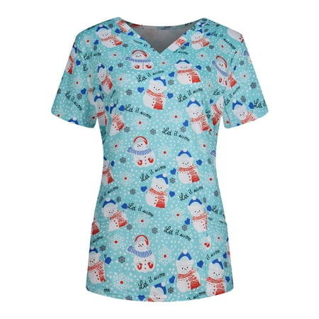 

Women Scrub_Top Working Uniform Blouse Short Sleeve V-Neck Workwear T-Shirt with Pocket Comfy Tops L