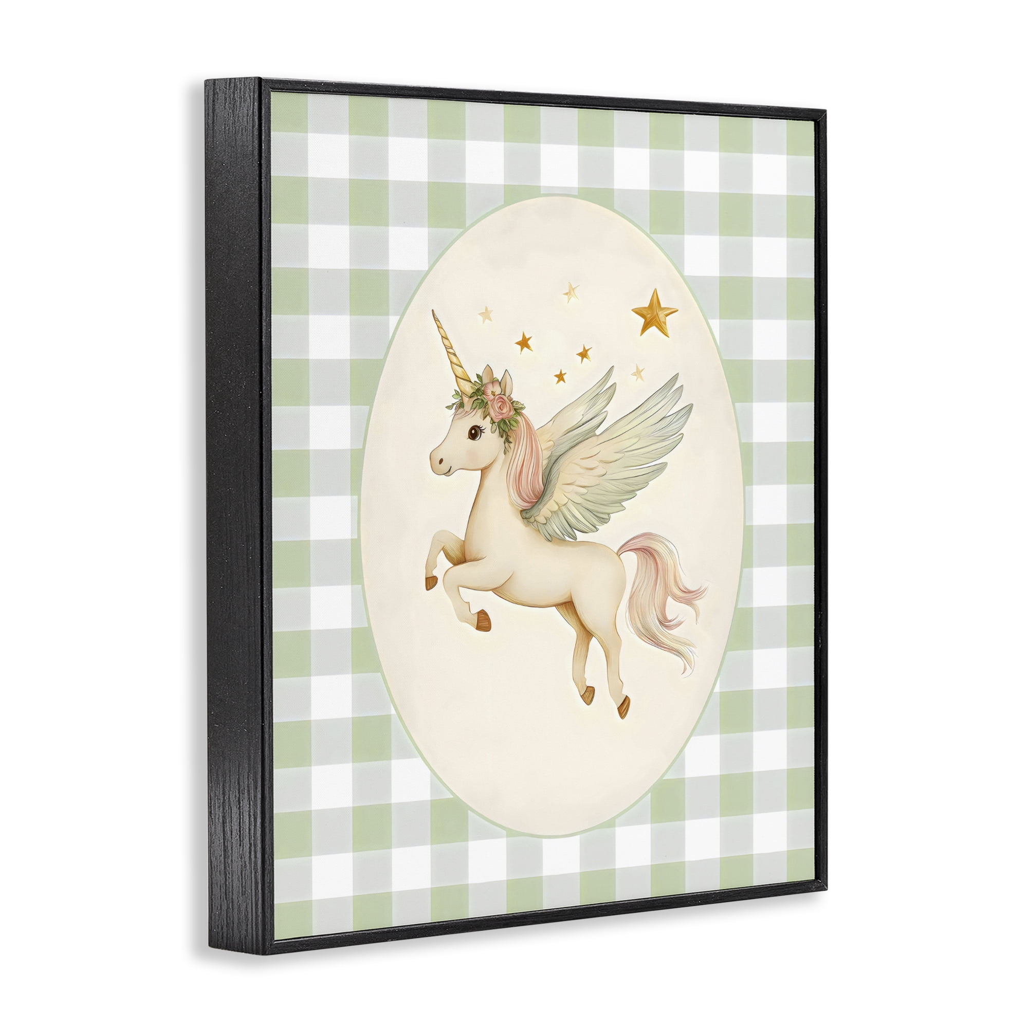 Stupell Industries Winged Unicorn over Green Gingham Black Framed Giclee Art, design by Arlington Prints