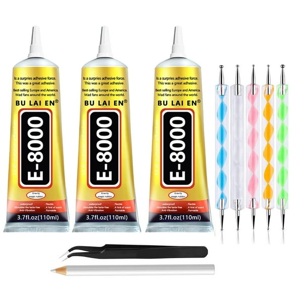 3PCS 110ml/3.7 Fl Oz Multi-Purpose E8000 Adhesive, Clear Crafting Glue With Precision Dotting Pens, Wax Pencil & Tweezer Kit For Jewelry, DIY Projects & Art Creation