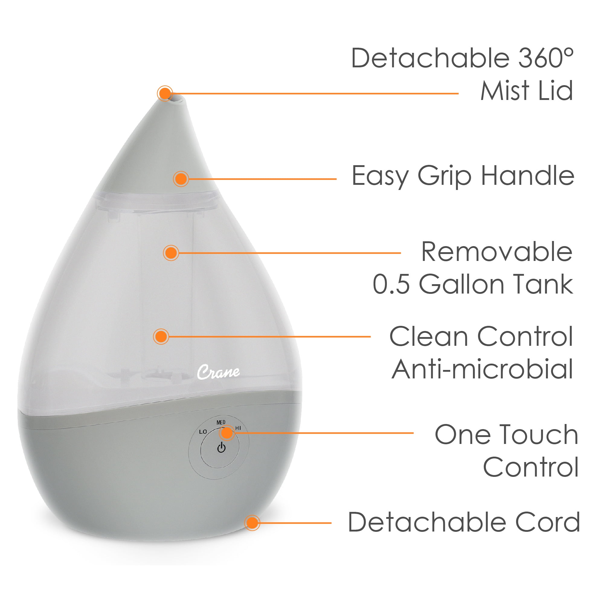 Crane USA Droplet Ultrasonic Cool Mist Humidifier, 0.5 Gallon, 15 Hour Run Time, Optional Vapor Tray, 250 Sq. Ft. Coverage, Gray