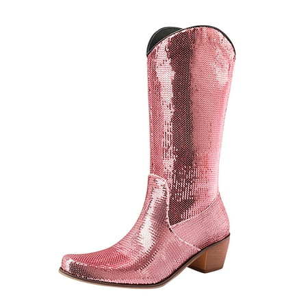 GHSOHS Cowboy Boots for Women Over The Knee Boots Booties Black Boots Sequin Heels Western Cowboy Boots Pointed Toe Mid Calf Knee High Boots for Women Rain Boots Dress Shoes Western Boots Size 39