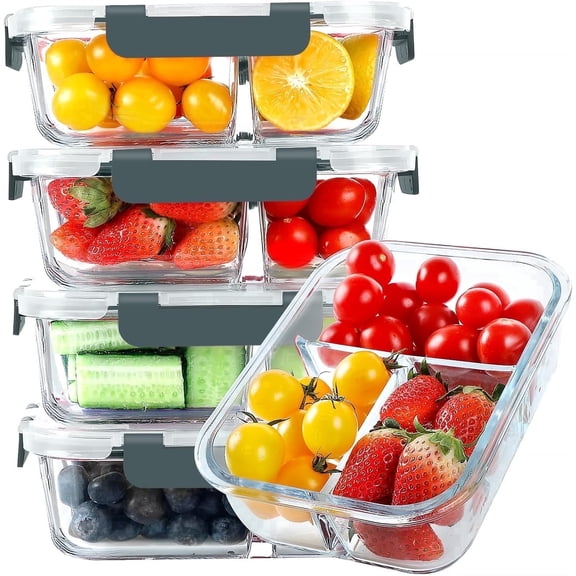 AISOON 5-Pack 36 oz 3-Compartment Glass Food Storage Containers with Lids, Gray
