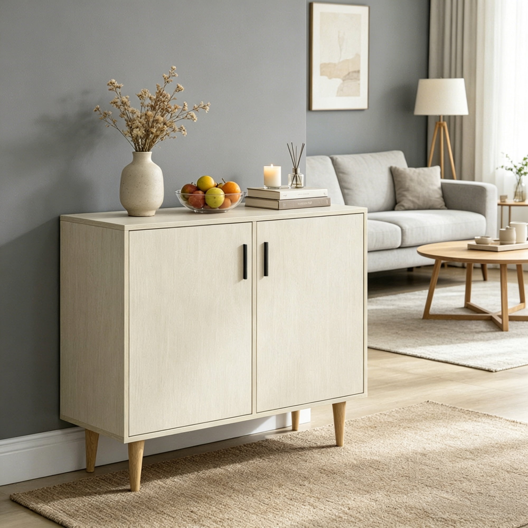 Sideboard Buffet Cabinet with Double Doors Adjustable Shelves And Wood Legs for Kitchen Living Room, Natural Wood
