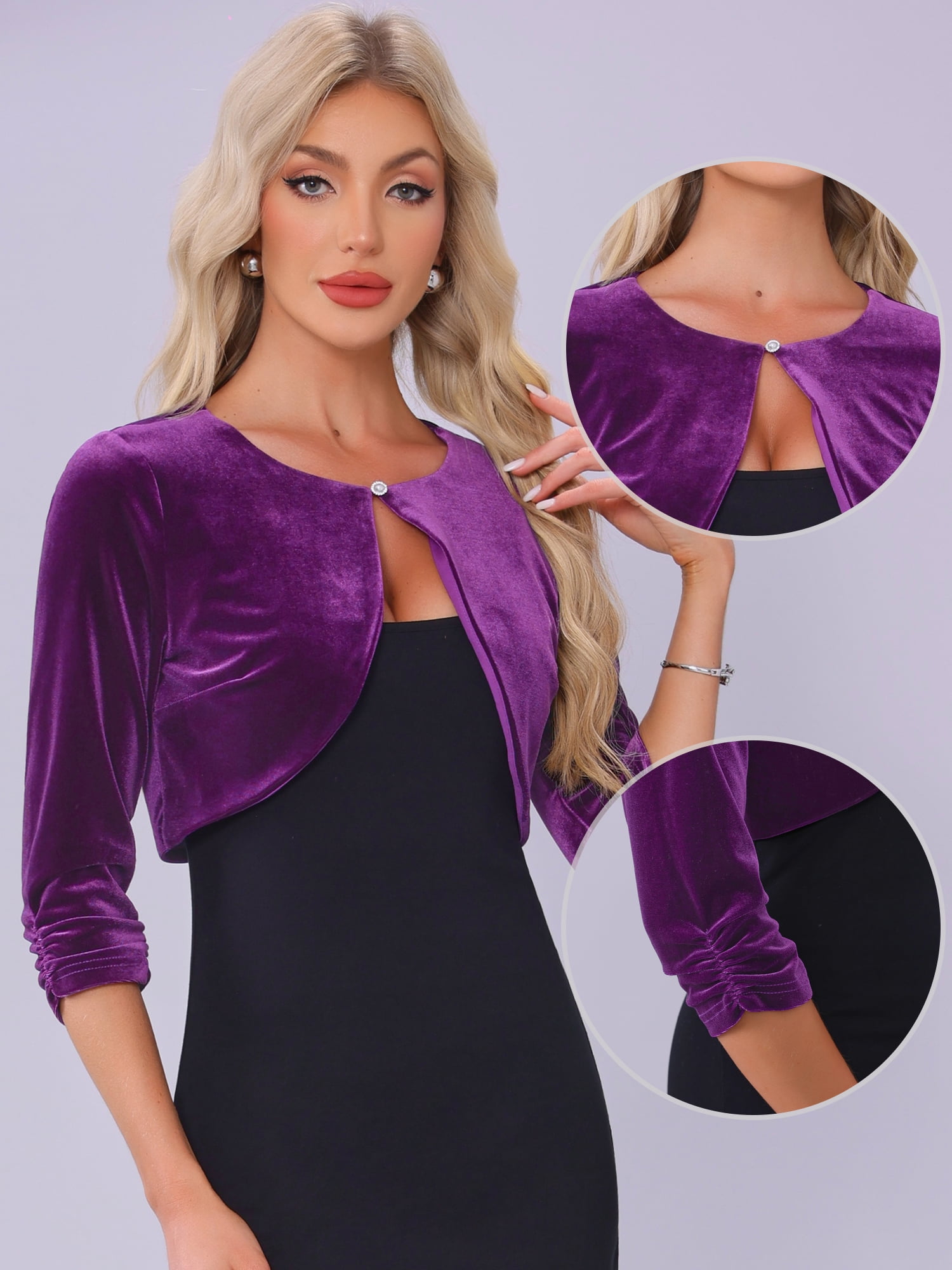DARING DIVA Women's 3/4 Sleeves Velvet Cropped Cardigan L Purple