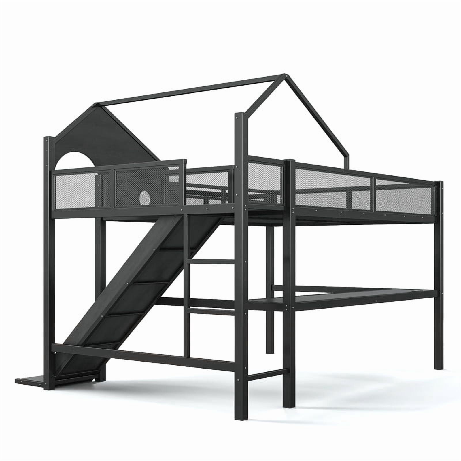 Queen Size House Shaped Kids Loft Bed with Slide, Teens Metal Bed Frame with LED Lights, Desk, Power Outlet & Storage Shelf