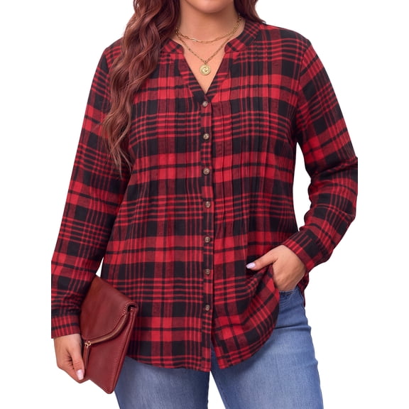 WellSize Plus Size Flannel Plaid Shirts for Women Casual V Neck Button Down Shirts Loose Long Sleeve Fall Tops