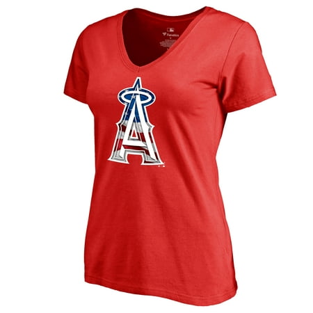 Los Angeles Angels Fanatics Branded Women's 2019 Stars & Stripes Banner Wave V-Neck T-Shirt -