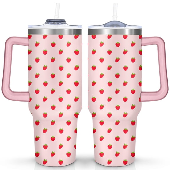 40oz Strawberry Tumbler with Handle & Straw - Insulated Stainless Steel Travel Mug,Leakproof,Cup Holder Friendly,Dishwasher Safe,for Hot/Cold Drinks.
