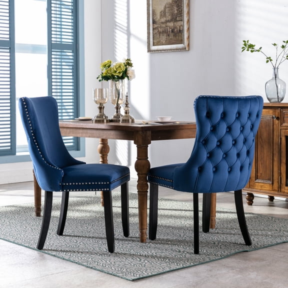 Set of 2 Blue Wing-Back Dining Chairs Upholstered Nailhead Trim Solid Wood Legs