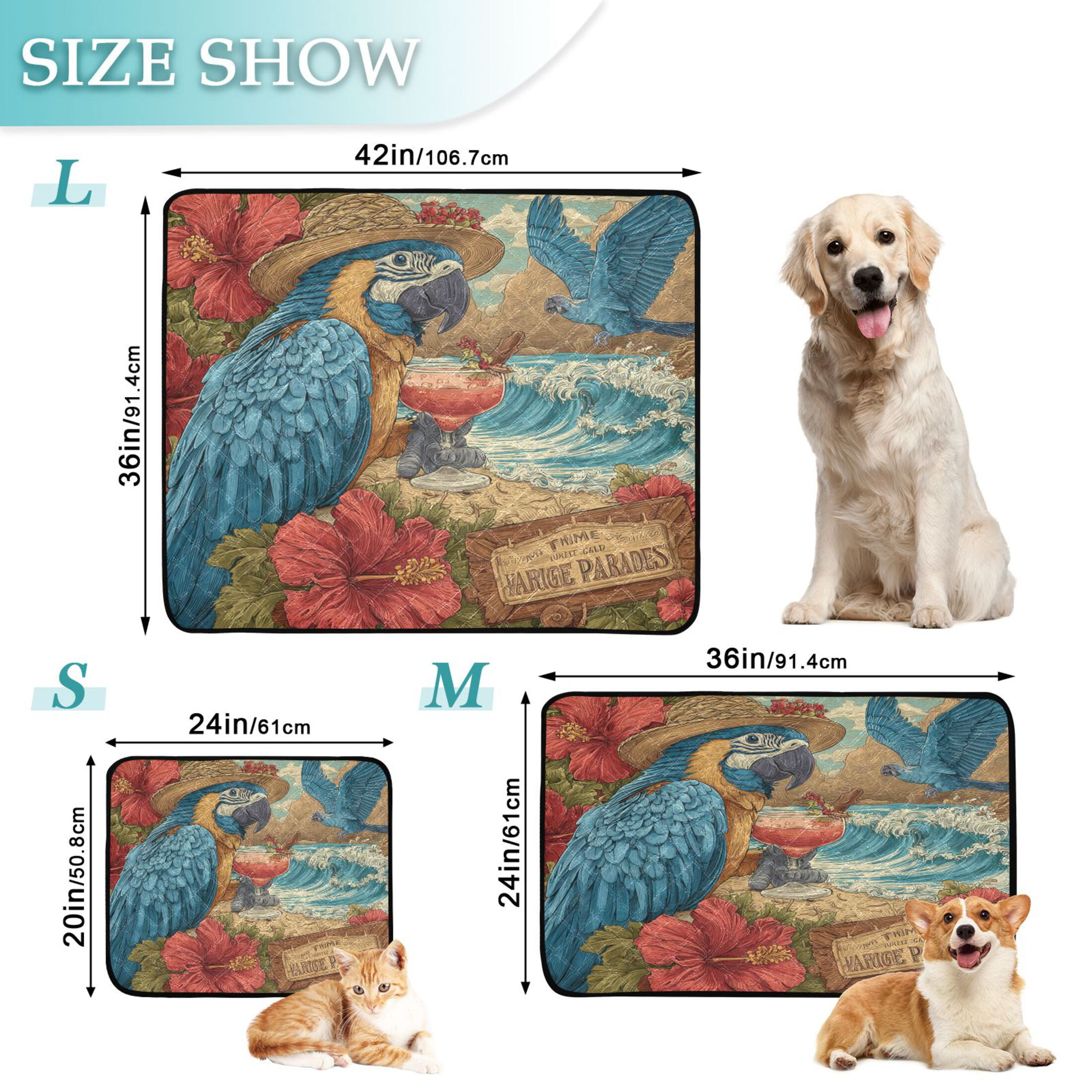 Qxltty Blue Parrot Cat litter Pads Pet Set of 3 Diaper Mats Center Anti-leakage Layer Absorbent Soft and Comfortable