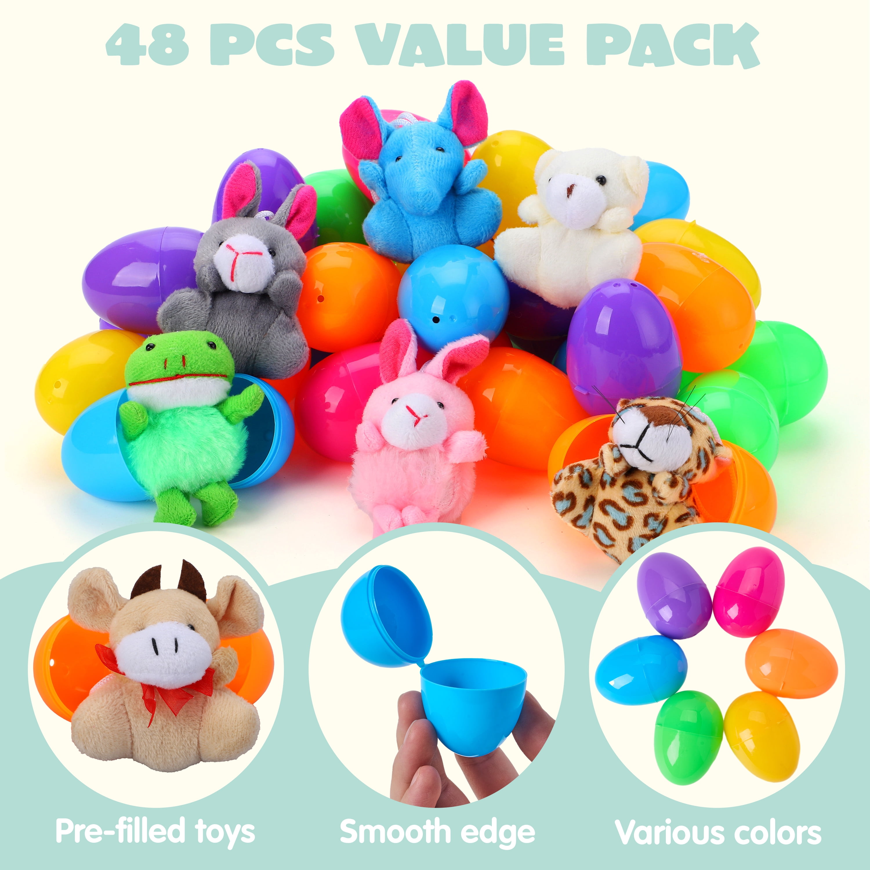Joyfy 48 Pack Prefilled Easter Eggs with Toys,Easter Eggs with Mini Stuffed Animals Plush Toys for Kids Toddler,Easter Basket Filler Egg Hunt Filler Stuffer