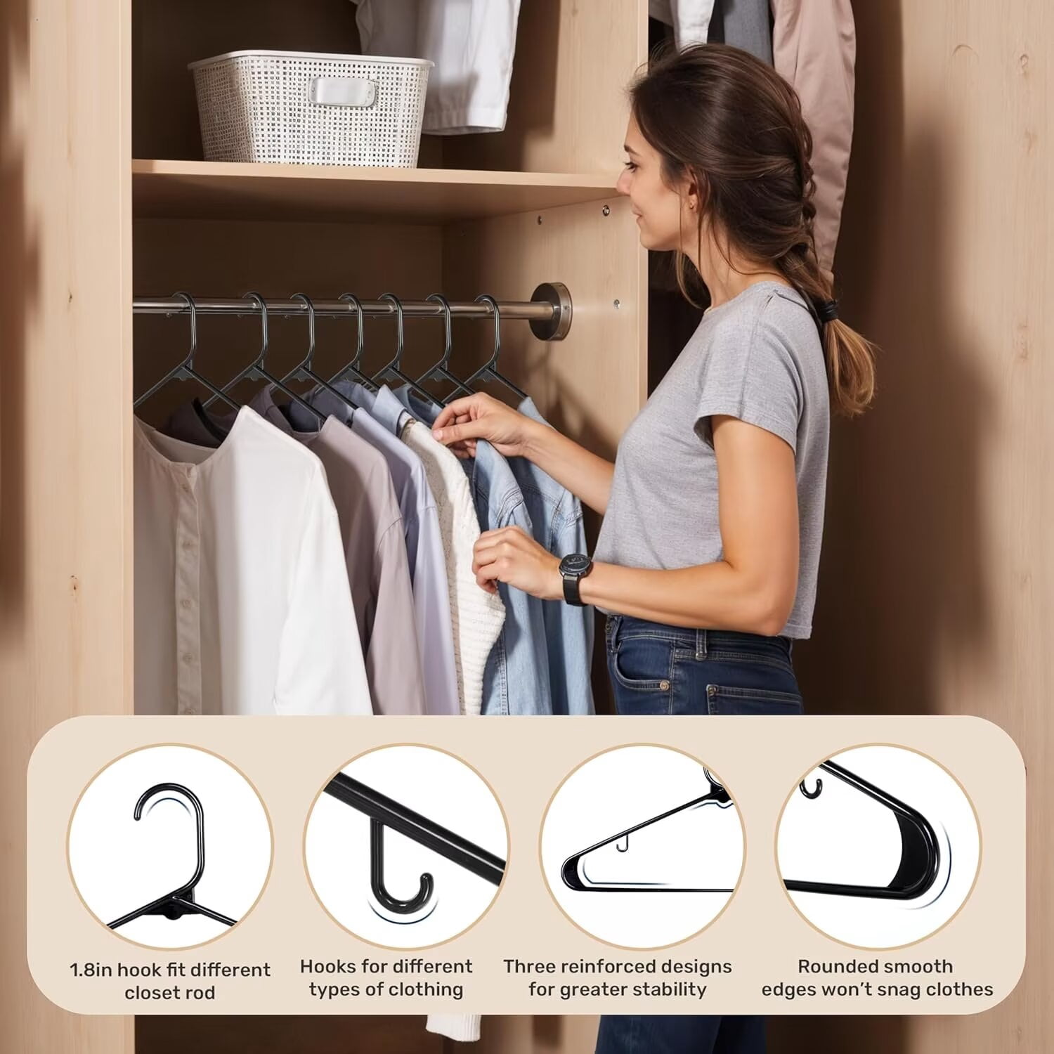 Simple Deluxe Plastic Hangers 30 Pack, Clothes Hangers with Non-Slip Hooks, Durable & Space Saving, Heavy Duty Skirt Hangers for Closet, Black