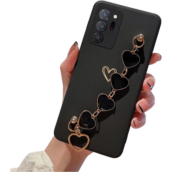 Cute Pretty Galaxy Note 20 Ultra Case Cover for Women & Girls with Love-Heart Strap Bracelet Chain Soft Glossy TPU Bumper Protective Phone Cases for Samsung Galaxy Note 20 Ultra 5G-Black