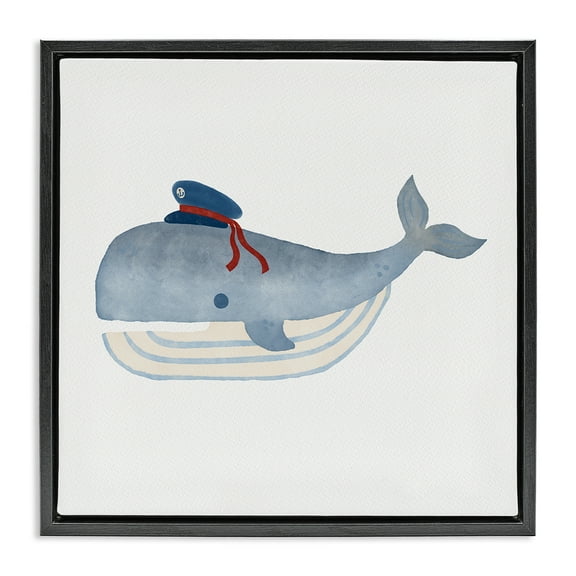 Stupell Industries Captain Whale with Hat Animals Painting Black Floater Framed Canvas Art Print Wall Art, 18 x 18