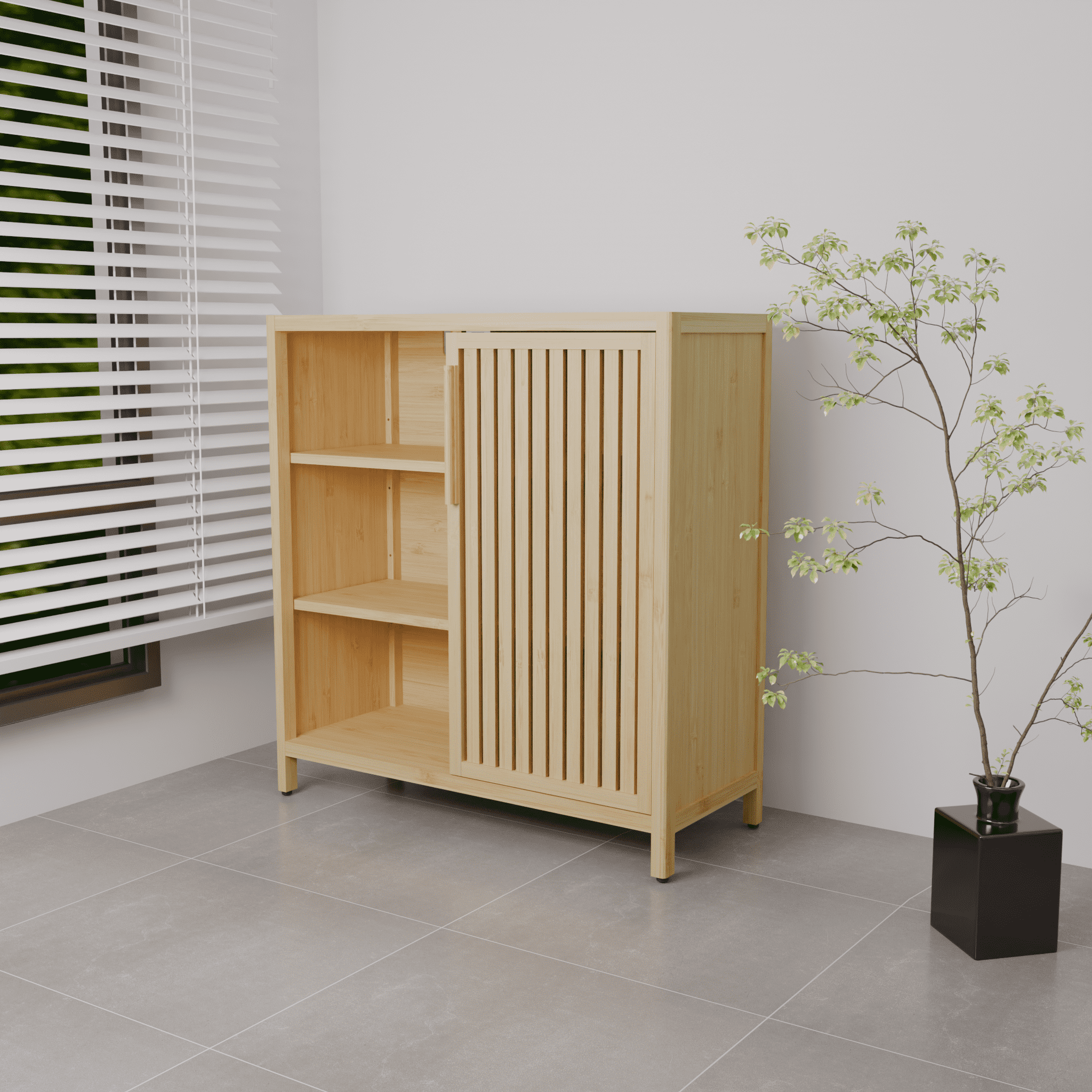 Yoneston Bamboo Shelf Storage Cabinet with Single Door, Home Office 3-Tier Open Shelves for Entryway, Bathroom, Living Room Natural