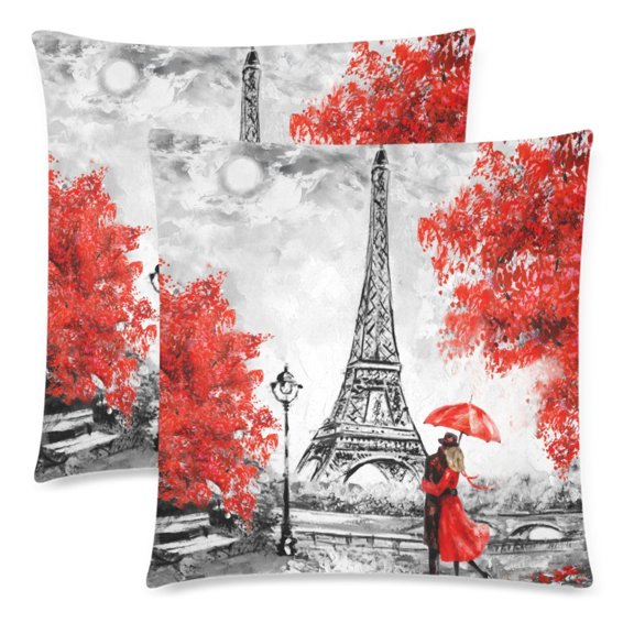 YKCG Oil Painting Paris Eiffel Tower Throw Pillowcase Pillow Case 18x18 Twin Sides for Couch Bed, European City France Landscape Zippered Cushion Pillow Cover Shams Decorative, Set of 2