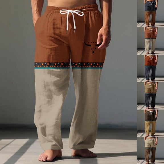 Viikei Pants for Men,Men's Elastic Waist Blended Breathable Comfortable Soft Beach Casual Trousers Full Length Pants Coffee M