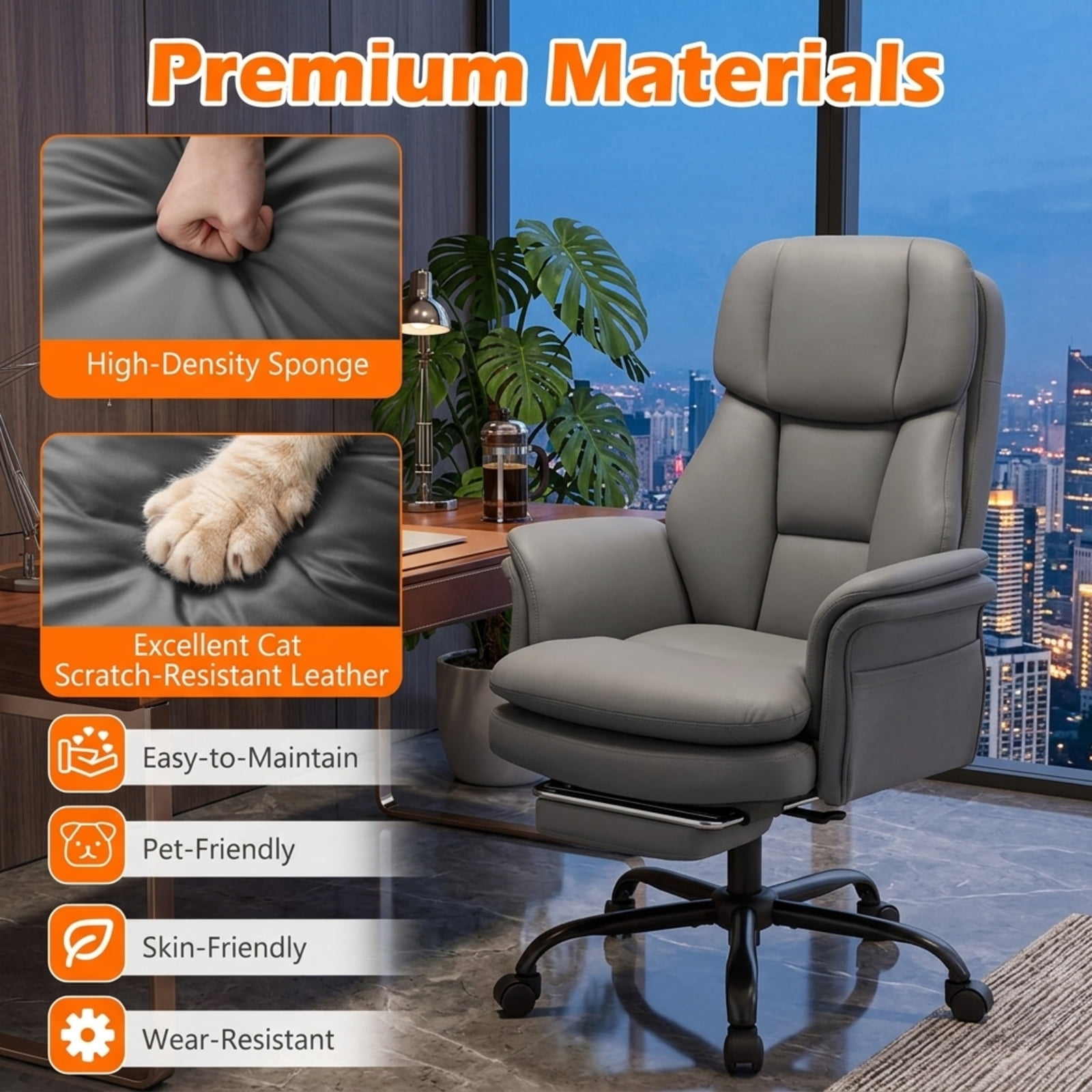 Furnibear Big and Tall Executive Office Chair 500 lbs Ergonomic Cross Legged Computer Chair with Footrest Flip Up Arms and Teddy Fleece, Gray