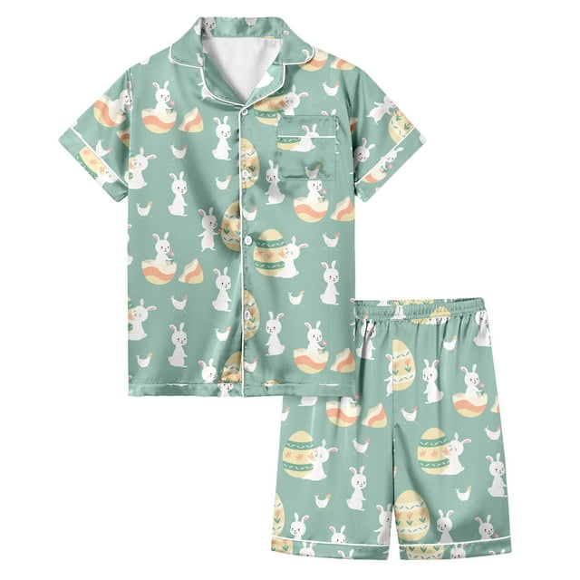 Girls Pjs Children Easter Sleepwear Set Kids Toddler Girls Rabbit Prints Short Sleeved Tops and Shorts Ensembles De Pyjama Fille Green 4 Years-5 Years