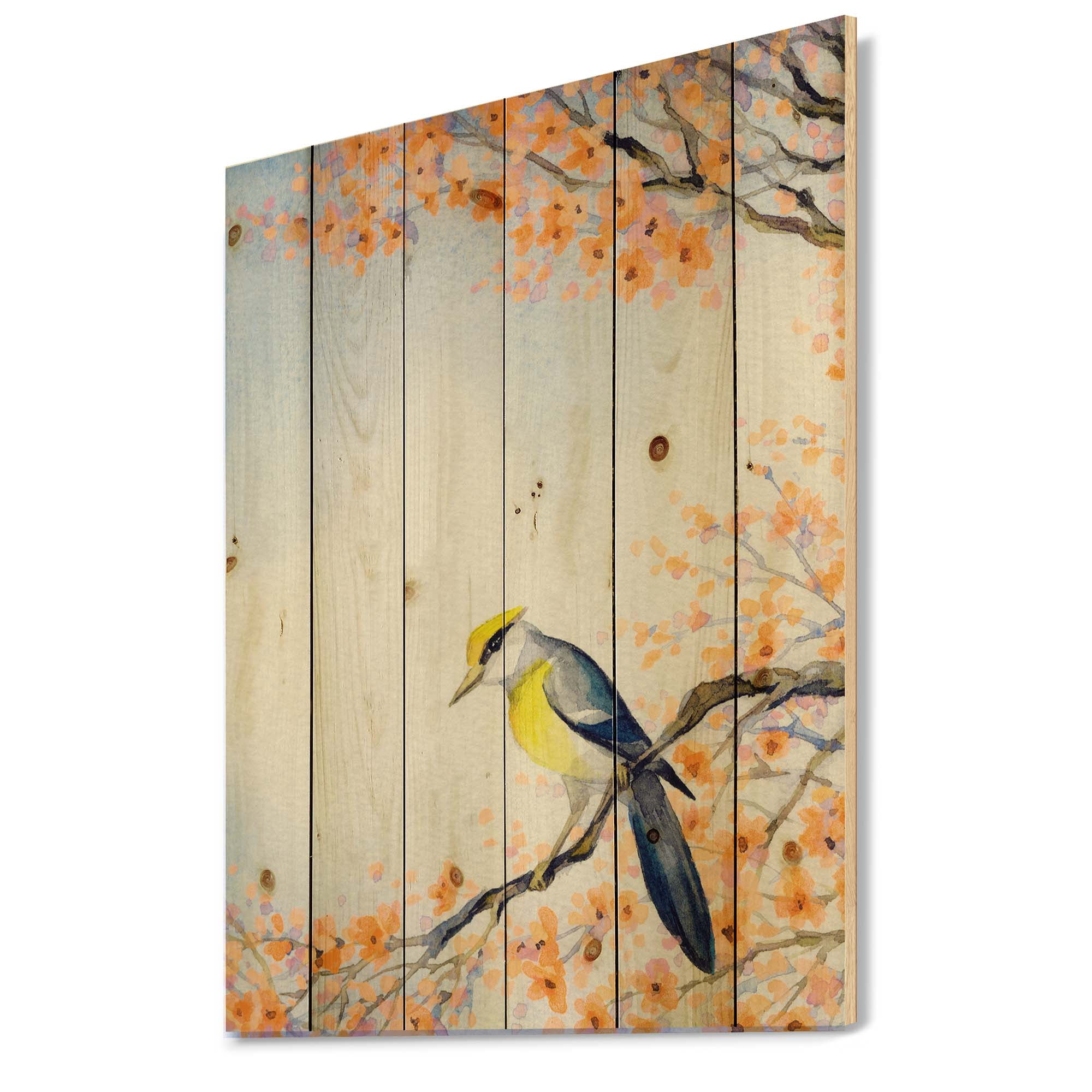 Designart 'Beautiful Blue Bird Sitting On Flowering Branch II' Traditional Print on Natural Pine Wood