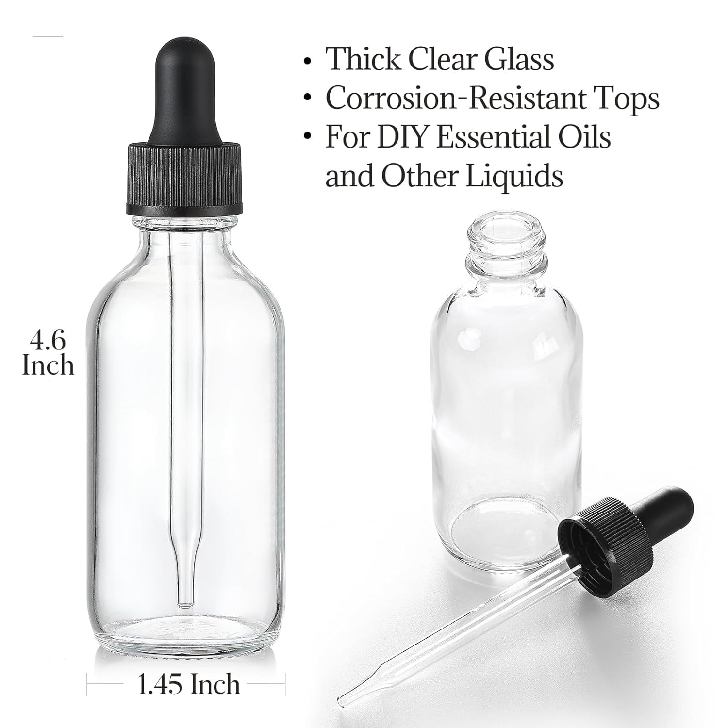 12 Pack, 2oz Glass Eye Dropper Bottles w/3 Stainless Steel Funnels&1 Long Pipette Dropper&24 Labels - 60ml Clear Tincture Bottles for Essential Oils, Liquids-Leakproof Travel Essential Bottles