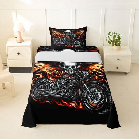 Castle Fairy Skull Motorcycle Twin Sheet Sets 3pcs for Adults, Flame Print Bedding for Bedroom, Black Red