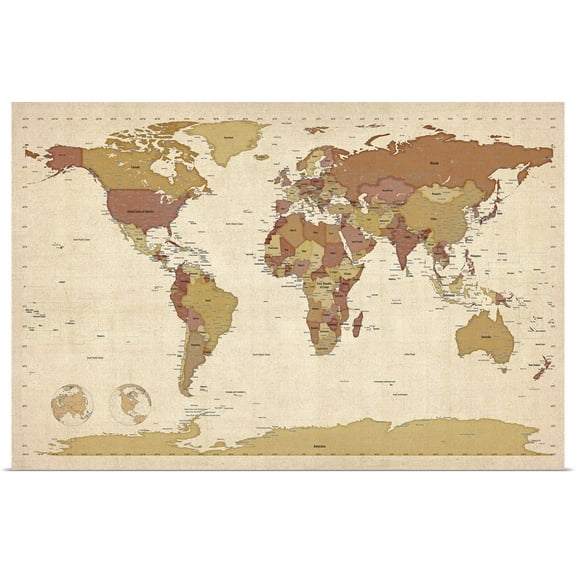 Great BIG Canvas | Rolled Michael Tompsett Poster Print entitled World map showing latitude and longitude - brown