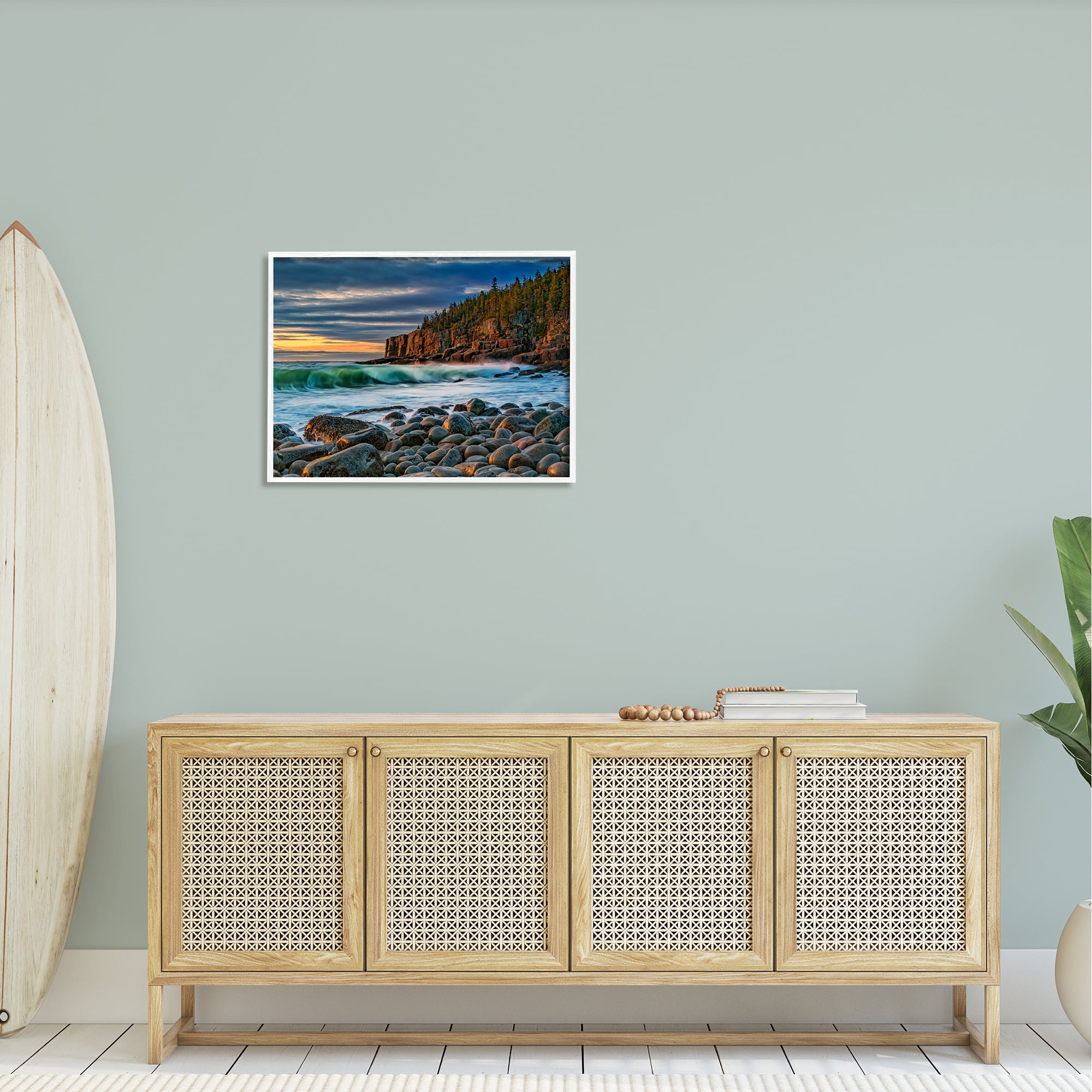 Stupell Rolling Waves Beach Rocks Coast Landscape Photography White Framed Art Print Wall Art