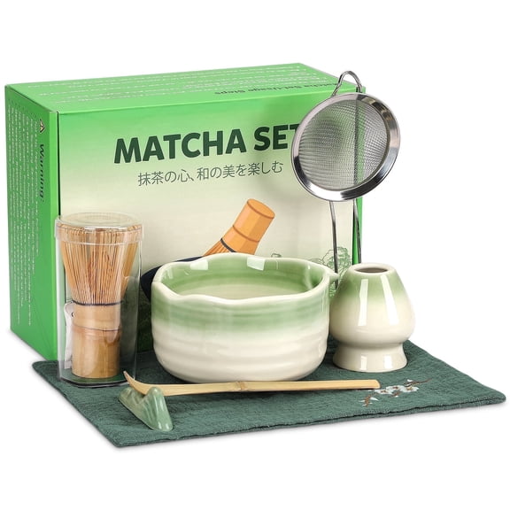 LIZEVINC 7 Pcs Matcha Tea Set,Matcha Whisk Set Includes Matcha Bowl with Spout,Matcha Whisk and Holder,Bamboo Matcha Scoop,Stainless Steel Sifter,Scoop Stand and Tea Towel,Ideal for Matcha Lovers