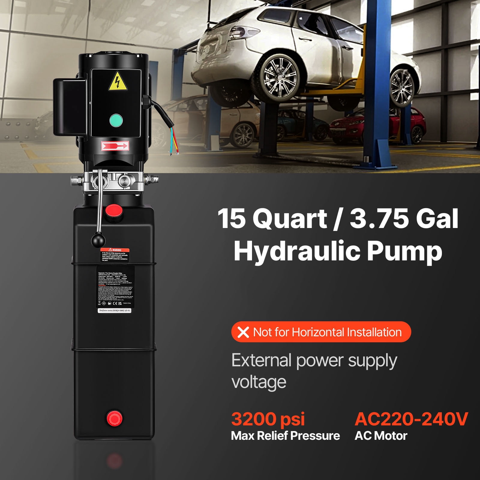 KFFKFF 15 Quart Hydraulic Pump, 2.2KW Single Acting Hydraulic Dump Trailer Pump, 3200 PSI Maximum Pressure, 1.7 GPM Flow Rate, AC220-240V Power Unit for Car Lift (Vertical Installation)